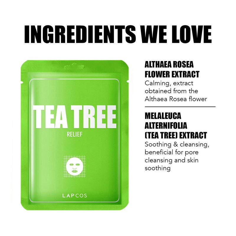 LAPCOS Tea Tree Sheet Mask, Daily Soothing Face Mask, Treats Acne & Clears Pores, Korean Beauty Favorite, 5-Pack - Image 4
